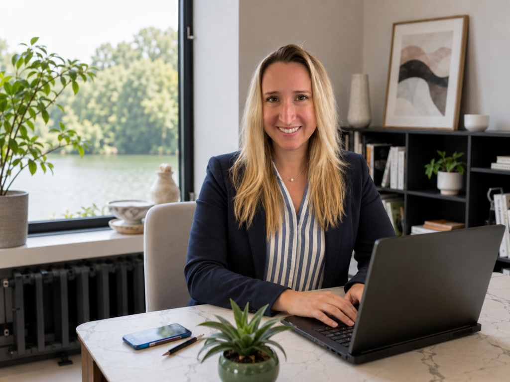 Woman at a desk working in a peaceful environment.